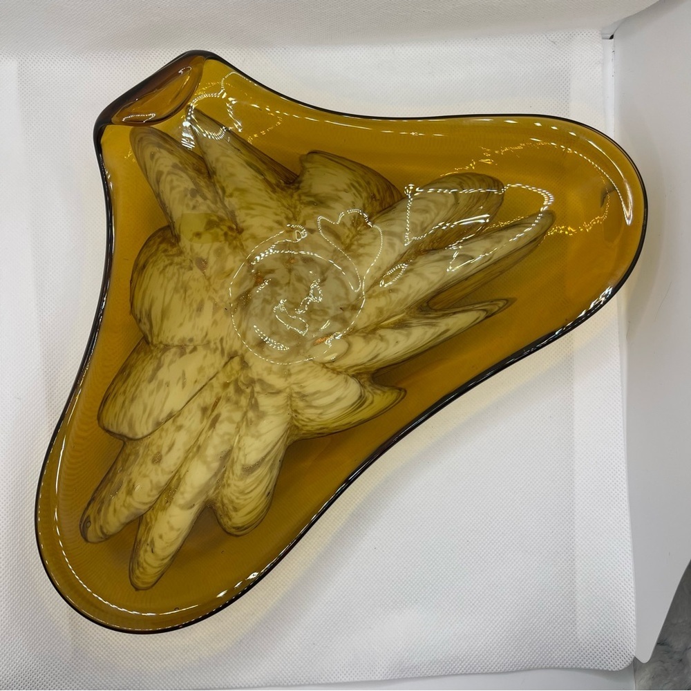 Art Glass Dish Princess House Burnt  Gold Flake Cream Flower Center MCM